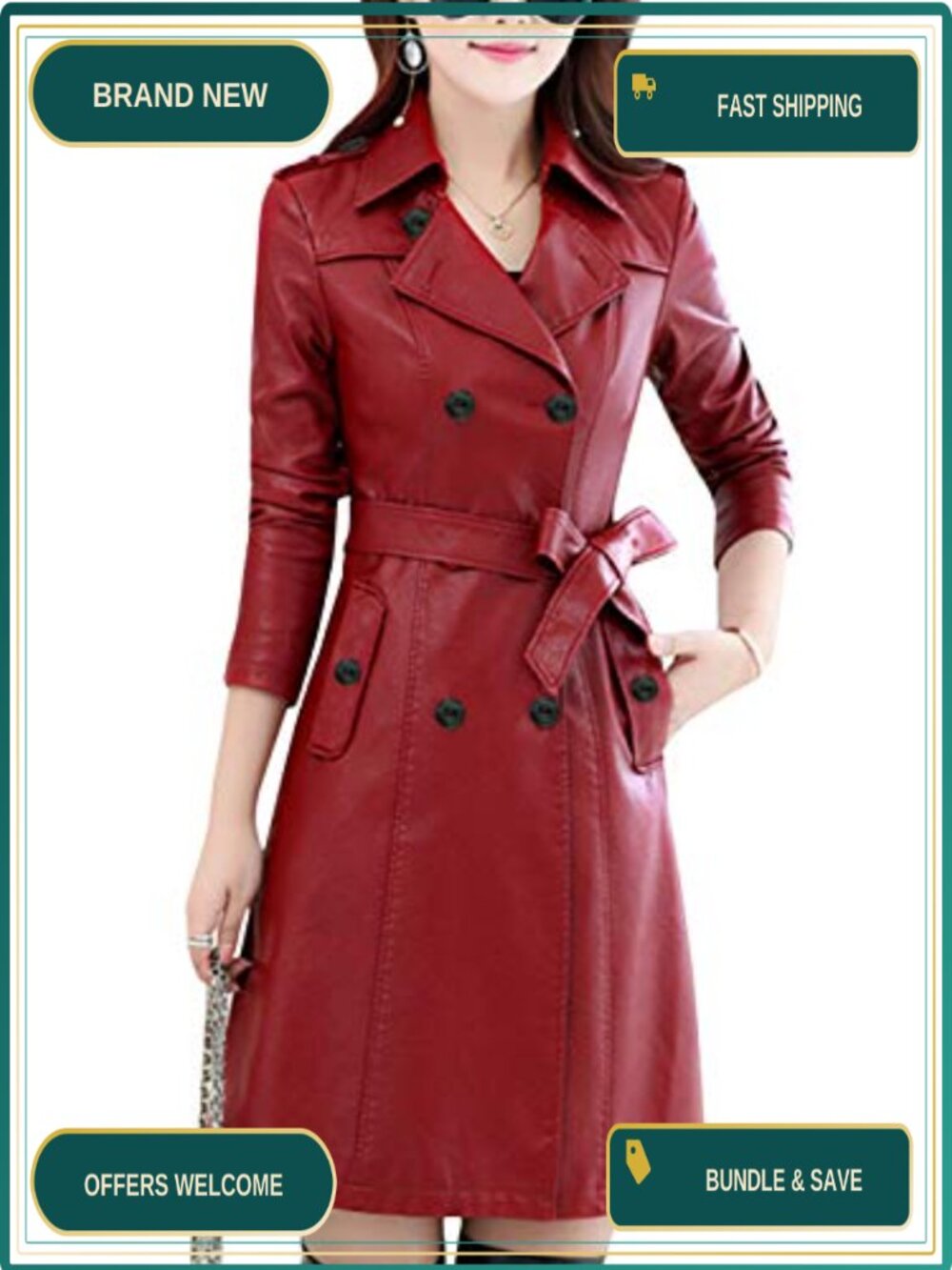Tanming Faux Leather Double Breasted Mid Long Jacket Coat